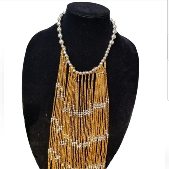 VINTAGE GOLDEN & SILVERTONE SEED BEAD FRINGE STATEMENT NECKLACE & EARRINGS SET - Picture 3 of 4